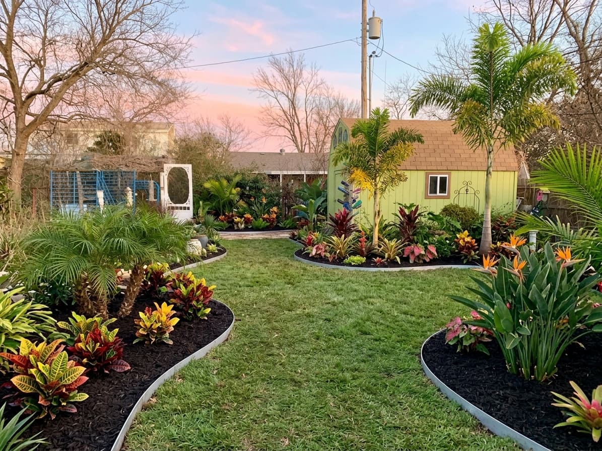 The same backyard redesigned in the Tropical Paradise style
