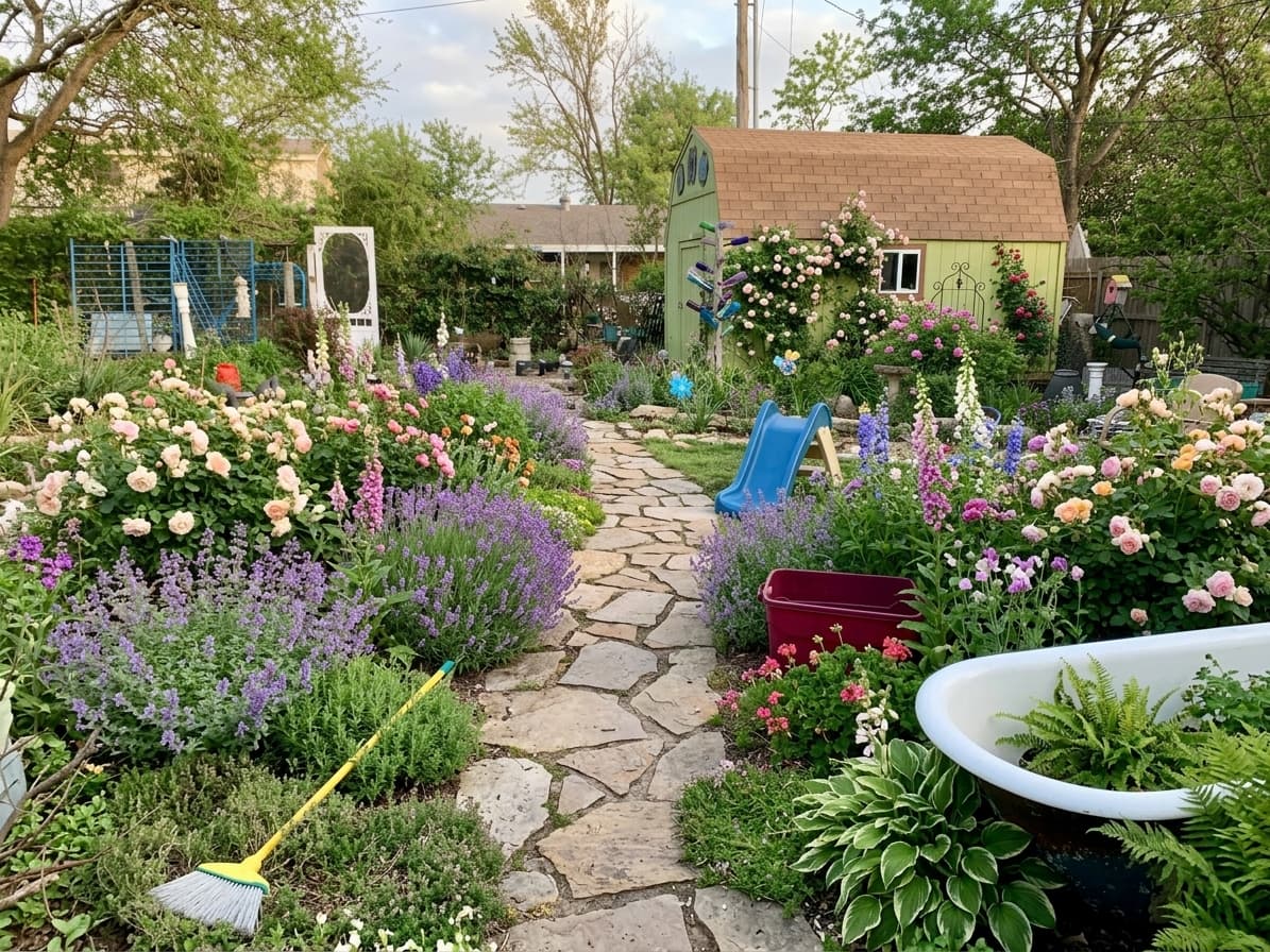 The same backyard redesigned in the English Cottage Garden style